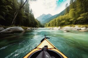 Extreme kayaking down the wild river in mountains at sunset, POV. Generative AI photo