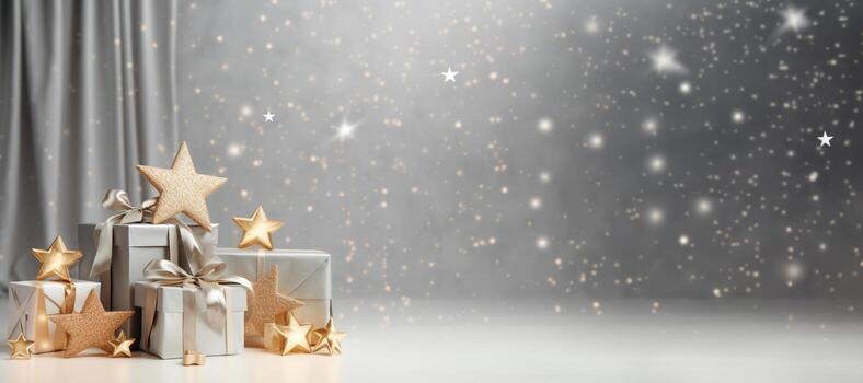 generativo ai, Navidad o nuevo año minimalista antecedentes con regalo cajas, plata y dorado bokeh luces, apagado colores foto