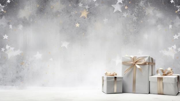 generativo ai, Navidad o nuevo año minimalista antecedentes con regalo cajas, plata y dorado bokeh luces, apagado colores foto