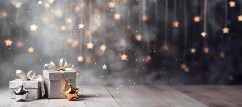 generativo ai, Navidad o nuevo año minimalista antecedentes con regalo cajas, plata y dorado bokeh luces, apagado colores foto