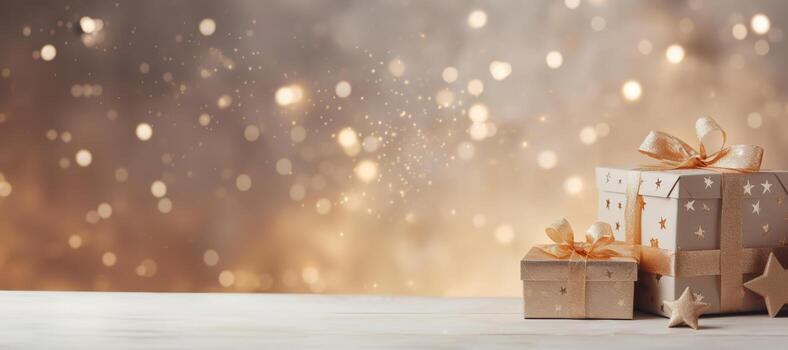 generativo ai, Navidad o nuevo año minimalista antecedentes con regalo cajas, plata y dorado bokeh luces, apagado colores foto