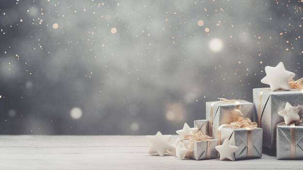 generativo ai, Navidad o nuevo año minimalista antecedentes con regalo cajas, plata y dorado bokeh luces, apagado colores foto