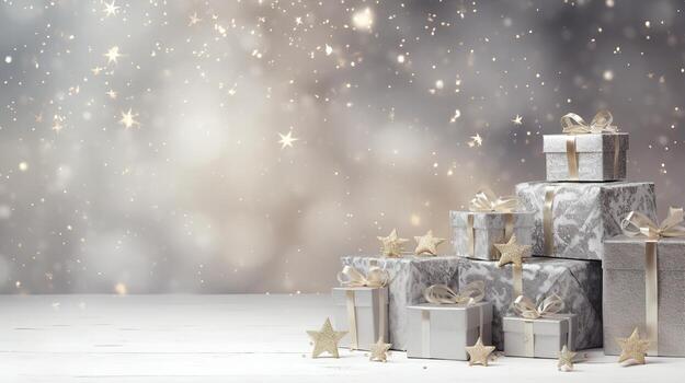 generativo ai, Navidad o nuevo año minimalista antecedentes con regalo cajas, plata y dorado bokeh luces, apagado colores foto