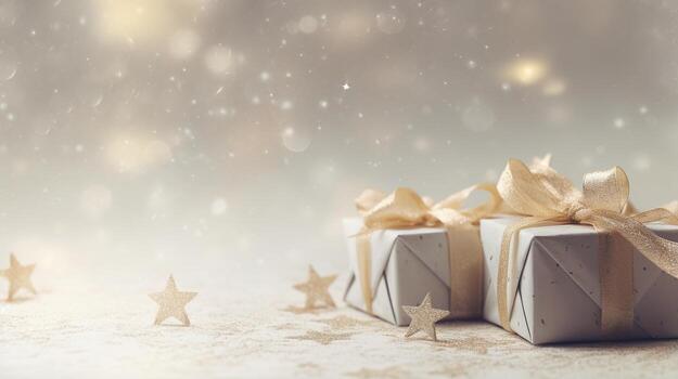 generativo ai, Navidad o nuevo año minimalista antecedentes con regalo cajas, plata y dorado bokeh luces, apagado colores foto
