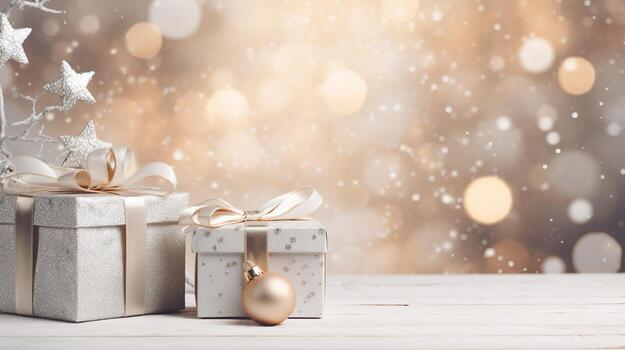 generativo ai, Navidad o nuevo año minimalista antecedentes con regalo cajas, plata y dorado bokeh luces, apagado colores foto