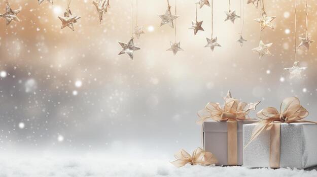 generativo ai, Navidad o nuevo año minimalista antecedentes con regalo cajas, plata y dorado bokeh luces, apagado colores foto