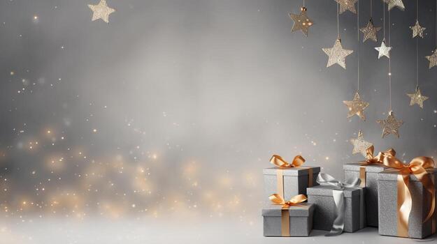 generativo ai, Navidad o nuevo año minimalista antecedentes con regalo cajas, plata y dorado bokeh luces, apagado colores foto