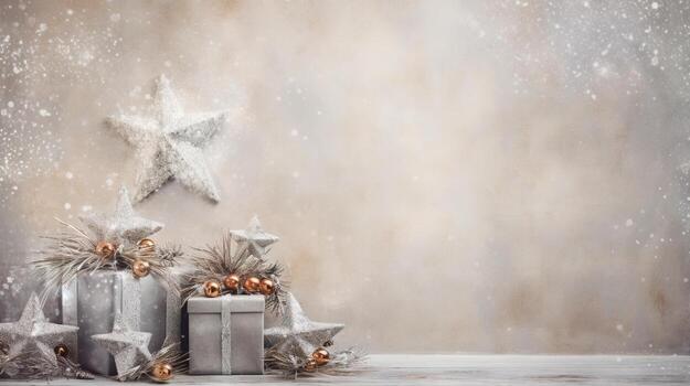 generativo ai, Navidad o nuevo año minimalista antecedentes con regalo cajas, plata y dorado bokeh luces, apagado colores foto