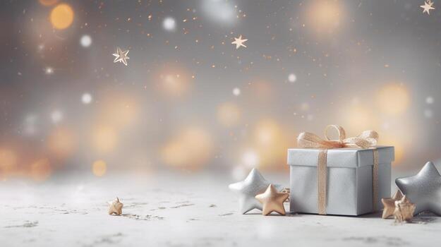 generativo ai, Navidad o nuevo año minimalista antecedentes con regalo cajas, plata y dorado bokeh luces, apagado colores foto