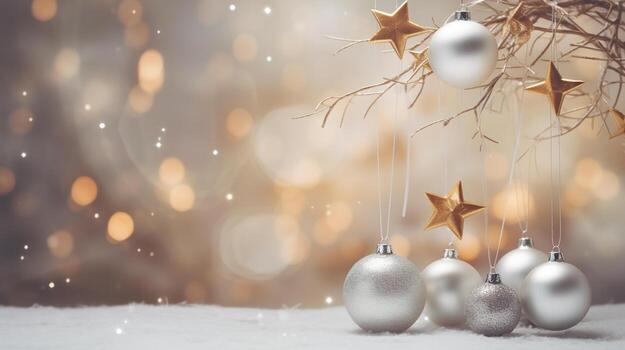 generativo ai, Navidad o nuevo año minimalista antecedentes con regalo cajas, plata y dorado bokeh luces, apagado colores foto