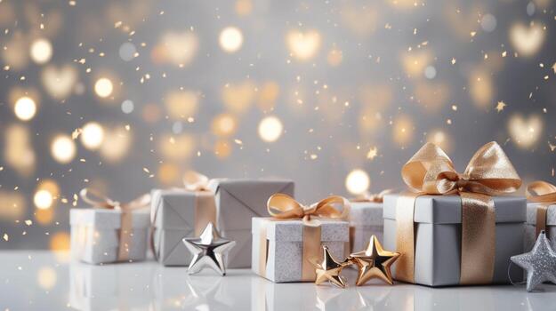 generativo ai, Navidad o nuevo año minimalista antecedentes con regalo cajas, plata y dorado bokeh luces, apagado colores foto