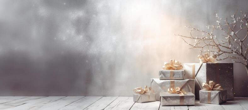 generativo ai, Navidad o nuevo año minimalista antecedentes con regalo cajas, plata y dorado bokeh luces, apagado colores foto