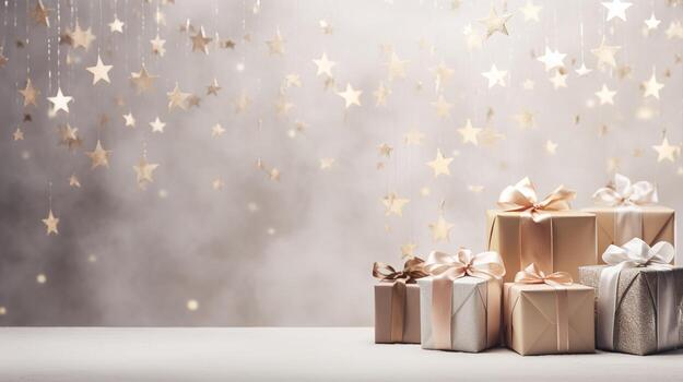 generativo ai, Navidad o nuevo año minimalista antecedentes con regalo cajas, plata y dorado bokeh luces, apagado colores foto