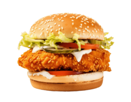 Fried chicken burger isolated on transparent background. PNG file, cut out. AI Generated