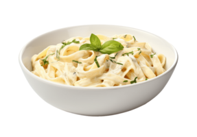 Bowl of fettucini alfredo with garnish isolated on transparent background. PNG file, cut out. AI Generated