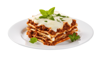 Lasagna on a plate isolated on transparent background. PNG file, cut out. AI Generated