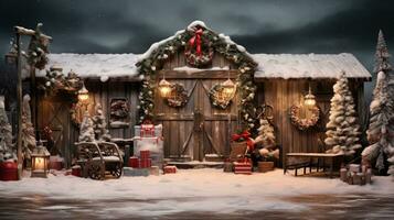 Generative AI, Christmas interior rural background, Santa Claus rustic workshop photo