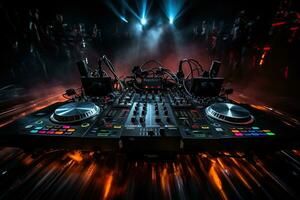 DJ console in the light of spotlights and neon lights. Music and nightlife photo