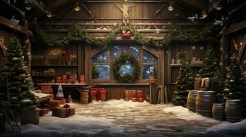 Generative AI, Christmas interior rural background, Santa Claus rustic workshop photo