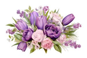 Bouquet of delicate lilac roses and vibrant purple tulips with garden flowers isolated on transparent background. PNG file, cut out. AI Generated