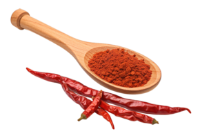 Cayenne pepper in wood spoon isolated on transparent background. PNG file, cut out. AI Generated