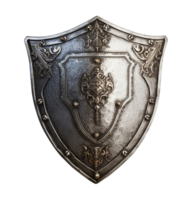 An ancient silver shield isolated on transparent background. PNG file, cut out. AI Generated