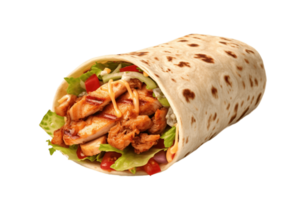 Taco mexican tortilla wrap with chicken isolated on transparent background. PNG file, cut out. AI Generated