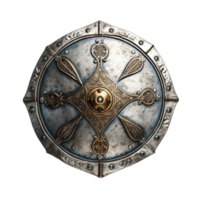 An ancient silver shield isolated on transparent background. PNG file, cut out. AI Generated