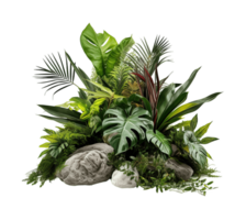 tropisk buske med dekorativ stenar, blommig arrangemang i trädgårdens naturlig design isolerat på transparent bakgrund. png fil, skära ut. ai genererad