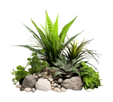 Tropical bush with decorative stones, floral arrangement in garden's natural design isolated on transparent background. PNG file, cut out. AI Generated