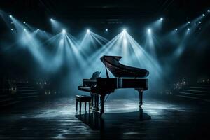 The piano is in the center of the stage in the light of the spotlights. Musical performance photo