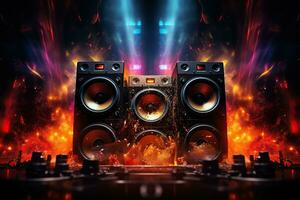 Multimedia acoustic speakers with fire lighting. Sound audio system with sparks the flame photo