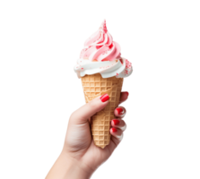 Female hand holding strawberry ice cream cone isolated on transparent background. PNG file, cut out. AI Generated