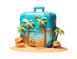 3D illustration of a suitcase on a beach island, concept of travel, vacation, tourism, and summer holiday, isolated on transparent background. PNG file, cut out. AI Generated