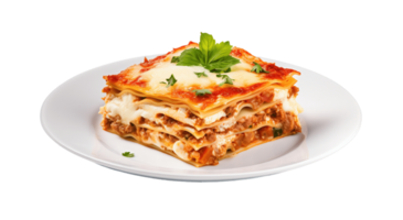 Lasagna on a plate isolated on transparent background. PNG file, cut out. AI Generated