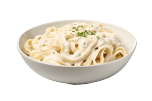 Bowl of fettucini alfredo with garnish isolated on transparent background. PNG file, cut out. AI Generated