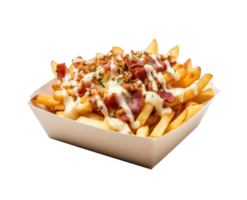 French fries with cheese and bacon isolated on transparent background. PNG file, cut out. AI Generated