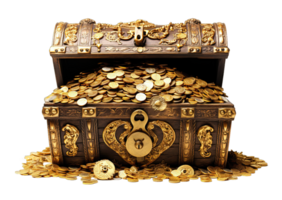 Open treasure chest full of gold coins isolated on transparent background. PNG file, cut out. AI Generated