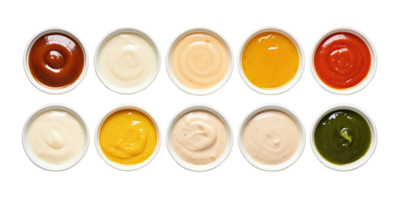 Various sauces in bowls isolated on transparent background. PNG file, cut out. AI Generated