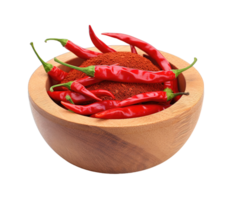 Cayenne pepper in wood bowl isolated on transparent background. PNG file, cut out. AI Generated