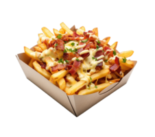 French fries with cheese and bacon isolated on transparent background. PNG file, cut out. AI Generated