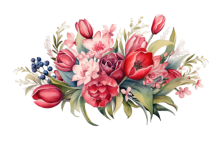 Red and pink Bouquet of garden flowers Floral arrangement isolated on transparent background. PNG file, cut out. AI Generated