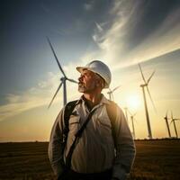 Wind energy worker looking confidenly in future, AI Generative photo