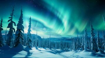 The northern lights dance over the snow-covered forest, AI Generative photo