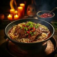 A steaming bowl of beef noodles topped with Sichuan peppercorns and scallions, AI Generative photo