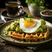 Waffles with avocado guacamole, delicious egg, seeds on top, some greenery nearby cup of coffee mockup, AI Generative photo