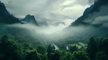 un montaña Valle cubierto en niebla, ai generativo foto