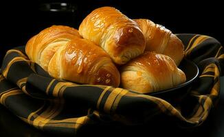 un plato de varios dulce un pan rollos Bosquejo, ai generativo foto