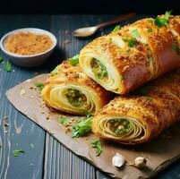 relleno un pan con patatas Bosquejo, ai generativo foto