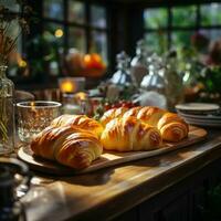 cuatro croissants en el cocina rodeado por cocina utensilios con un borroso fondo, ai generativo foto